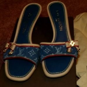 LOUIS VUIITON DENIM KITTEN HEEL SLIDES